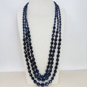 Multi Strand Faceted Bead Necklace Blue‎ Long Statement
